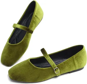 Hee grand Velvet Mary Jane Flats for Women Dressy Comfortable Square Toe Ballet Flats with Buckle Strap Retro Mary Jane Shoes