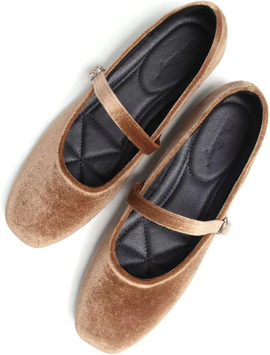 Hee grand Velvet Mary Jane Flats for Women Dressy Comfortable Square Toe Ballet Flats with Buckle Strap Retro Mary Jane Shoes