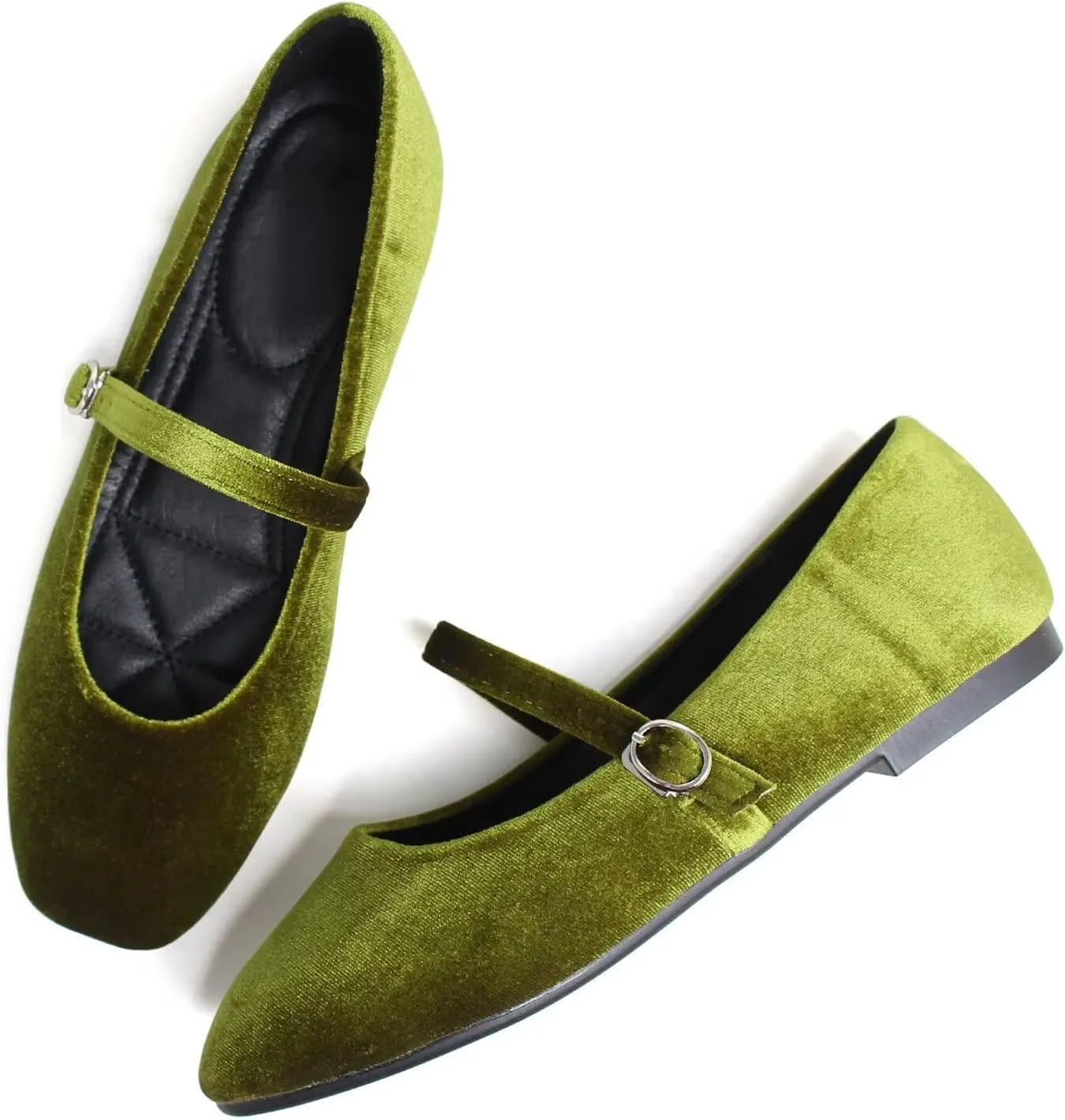 Hee grand Velvet Mary Jane Flats for Women Dressy Comfortable Square Toe Ballet Flats with Buckle Strap Retro Mary Jane Shoes