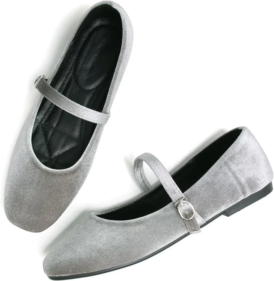Hee grand Velvet Mary Jane Flats for Women Dressy Comfortable Square Toe Ballet Flats with Buckle Strap Retro Mary Jane Shoes