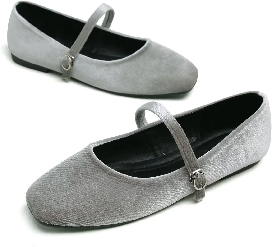 Hee grand Velvet Mary Jane Flats for Women Dressy Comfortable Square Toe Ballet Flats with Buckle Strap Retro Mary Jane Shoes