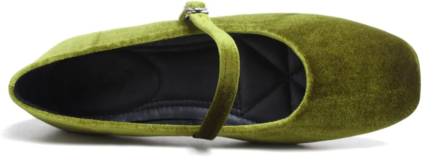 Hee grand Velvet Mary Jane Flats for Women Dressy Comfortable Square Toe Ballet Flats with Buckle Strap Retro Mary Jane Shoes
