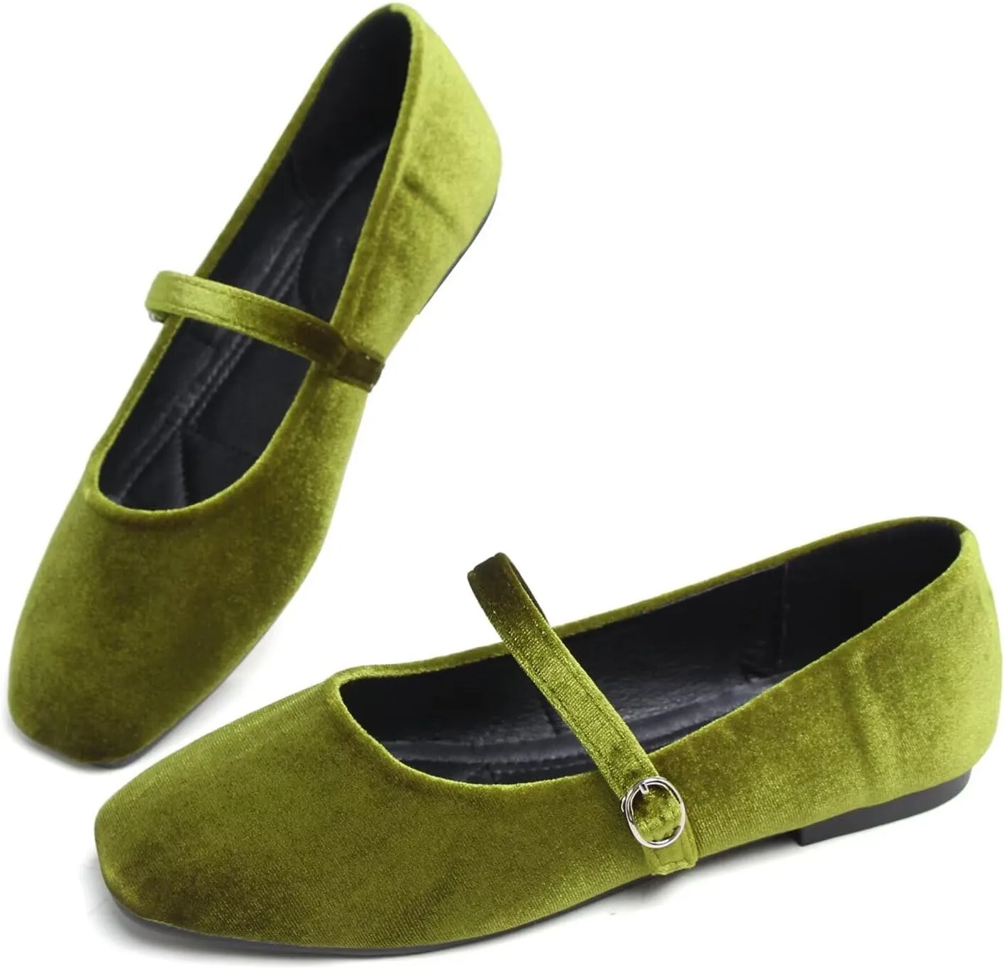 Hee grand Velvet Mary Jane Flats for Women Dressy Comfortable Square Toe Ballet Flats with Buckle Strap Retro Mary Jane Shoes