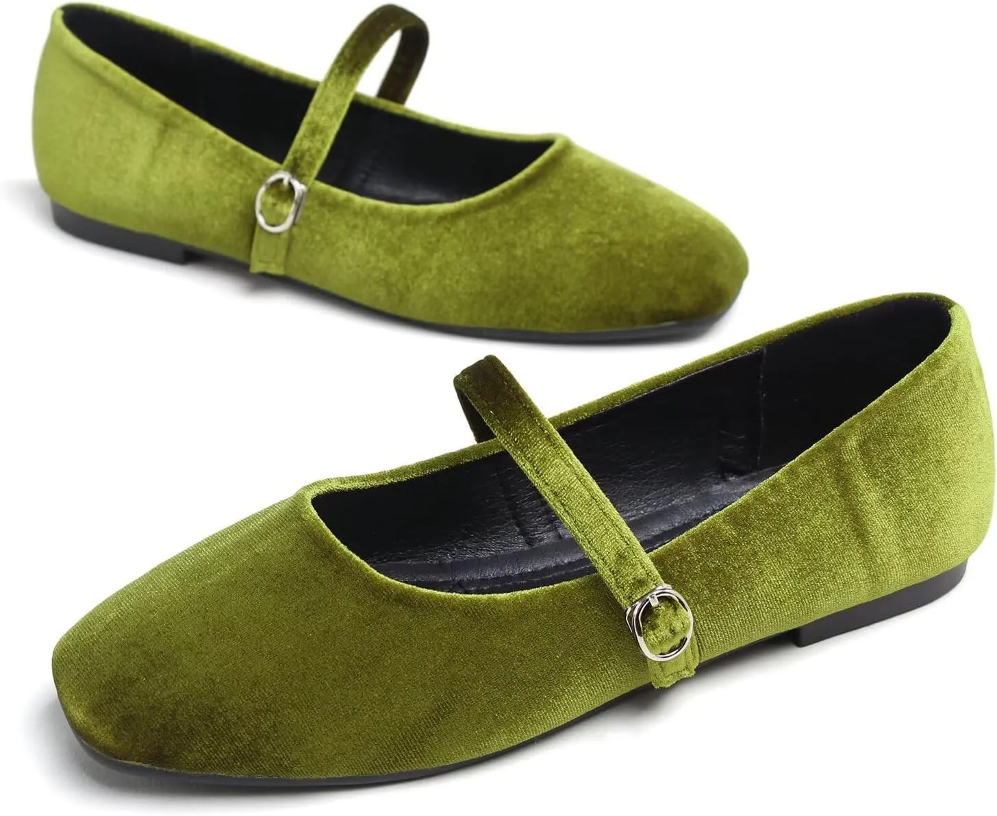 Hee grand Velvet Mary Jane Flats for Women Dressy Comfortable Square Toe Ballet Flats with Buckle Strap Retro Mary Jane Shoes