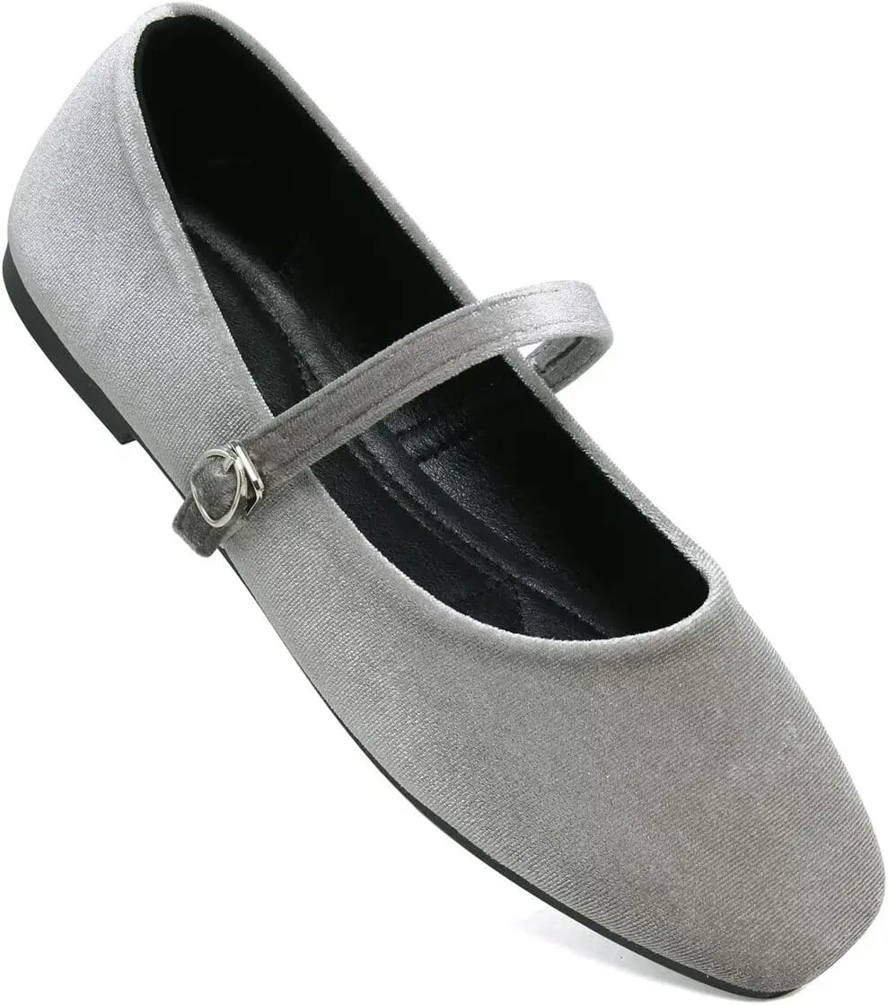 Hee grand Velvet Mary Jane Flats for Women Dressy Comfortable Square Toe Ballet Flats with Buckle Strap Retro Mary Jane Shoes