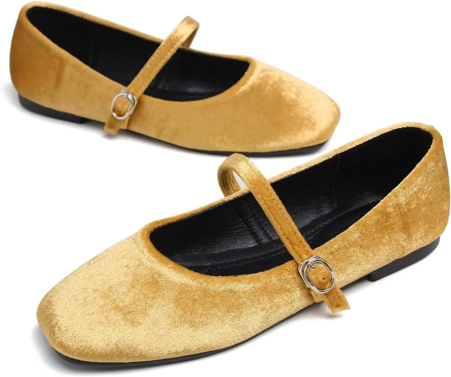 Hee grand Velvet Mary Jane Flats for Women Dressy Comfortable Square Toe Ballet Flats with Buckle Strap Retro Mary Jane Shoes