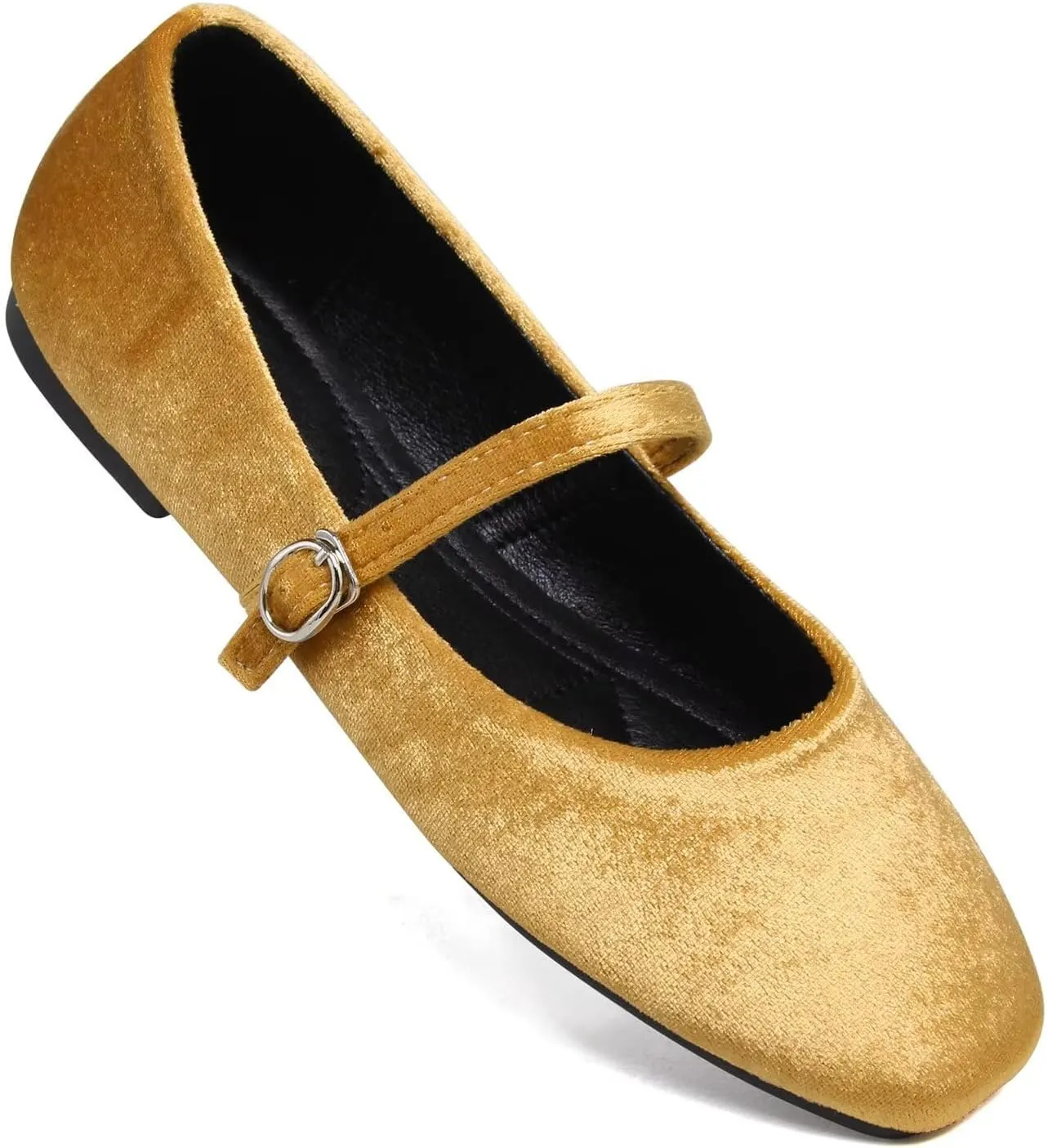 Hee grand Velvet Mary Jane Flats for Women Dressy Comfortable Square Toe Ballet Flats with Buckle Strap Retro Mary Jane Shoes