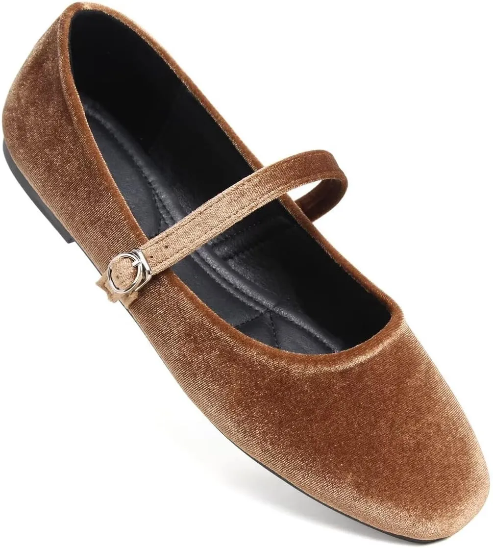 Hee grand Velvet Mary Jane Flats for Women Dressy Comfortable Square Toe Ballet Flats with Buckle Strap Retro Mary Jane Shoes