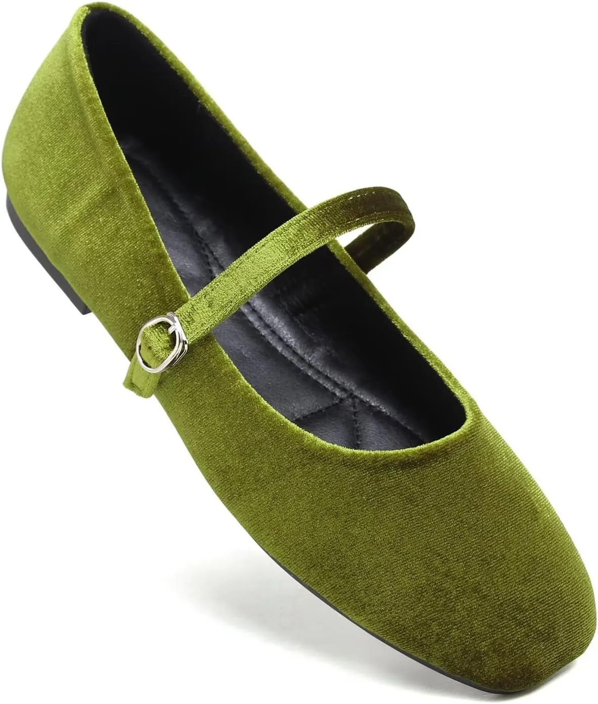 Hee grand Velvet Mary Jane Flats for Women Dressy Comfortable Square Toe Ballet Flats with Buckle Strap Retro Mary Jane Shoes