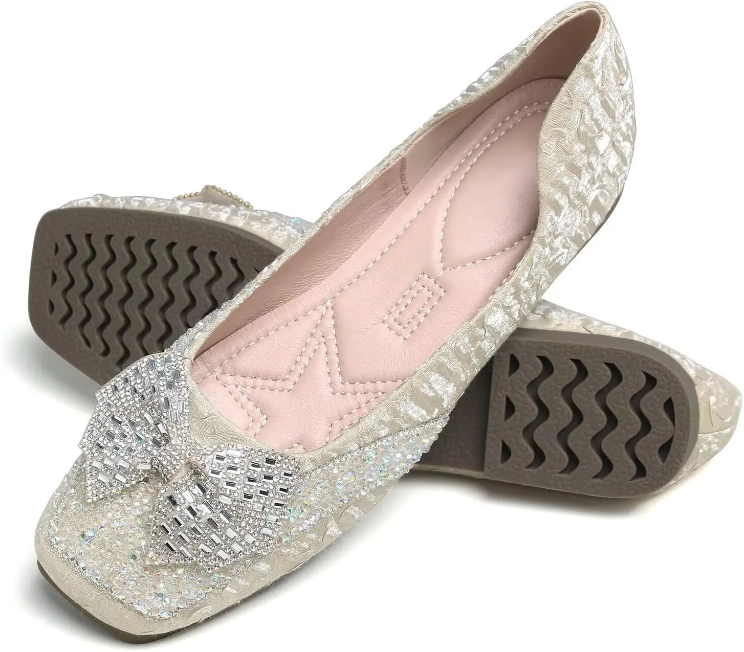 Hee grand Women Crystals Bowknot Ballet Flats Square Toe Slip On Flat Shoes Fashion Rhinestones Dress Shoes
