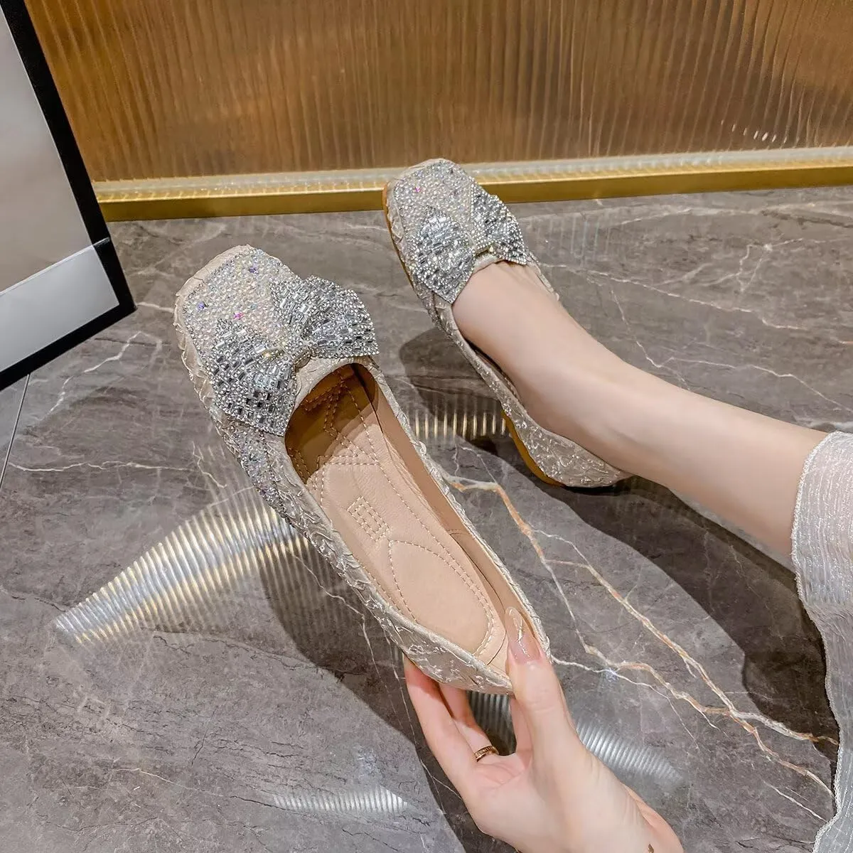 Hee grand Women Crystals Bowknot Ballet Flats Square Toe Slip On Flat Shoes Fashion Rhinestones Dress Shoes