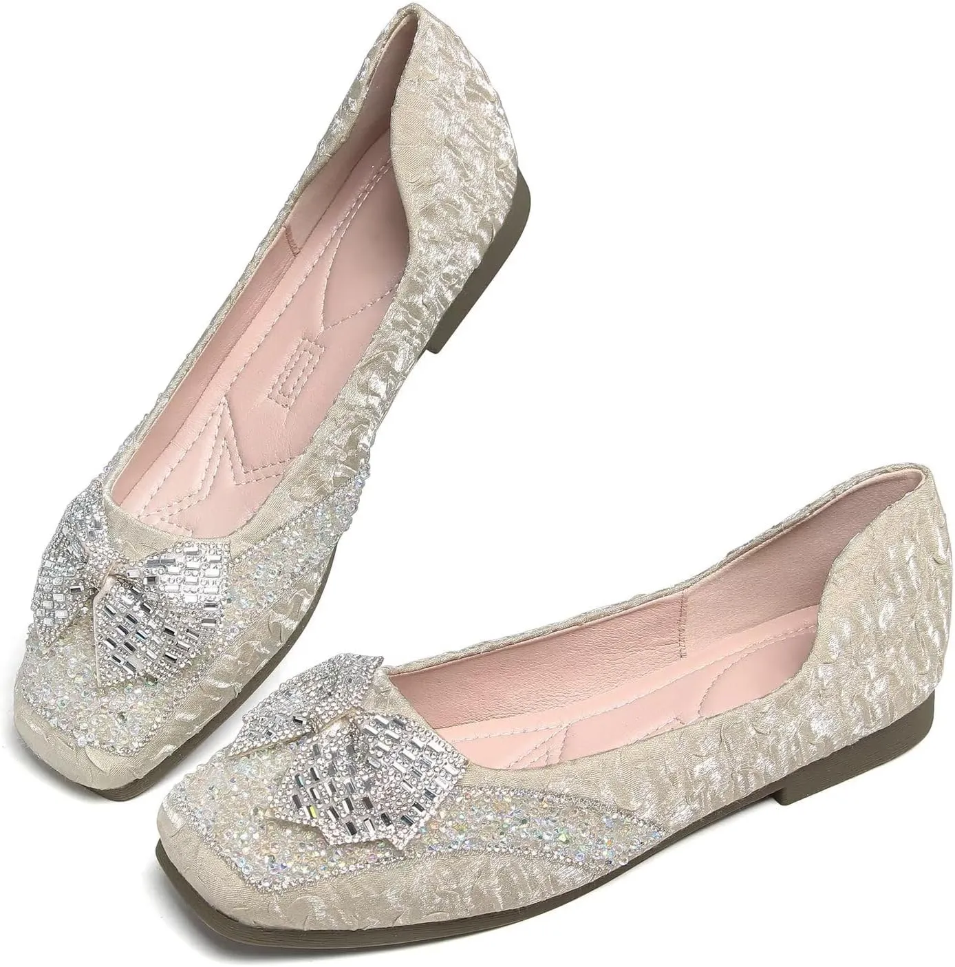 Hee grand Women Crystals Bowknot Ballet Flats Square Toe Slip On Flat Shoes Fashion Rhinestones Dress Shoes
