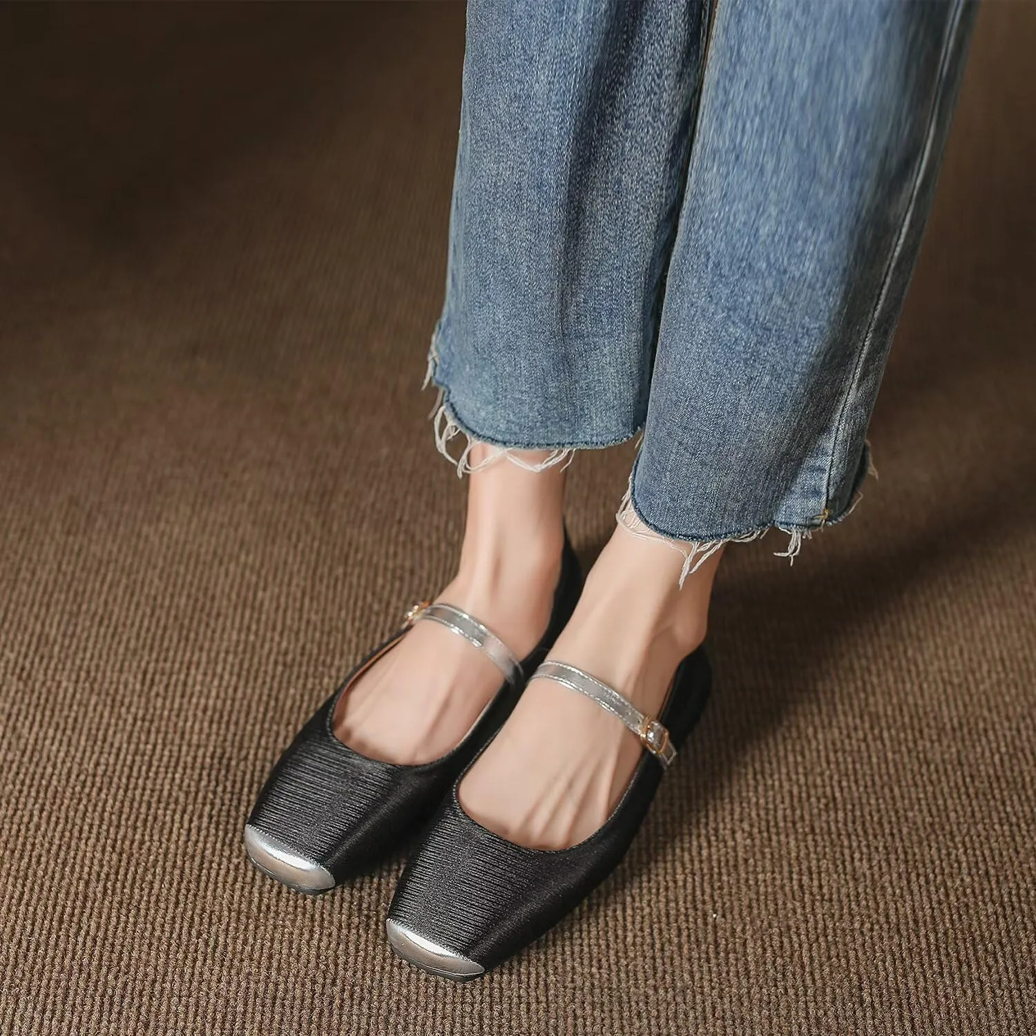 Hee grand Women Mary Jane Flats Shoes Square Toe Satin Dress Shoes Comfortable Casual Ballet Flats