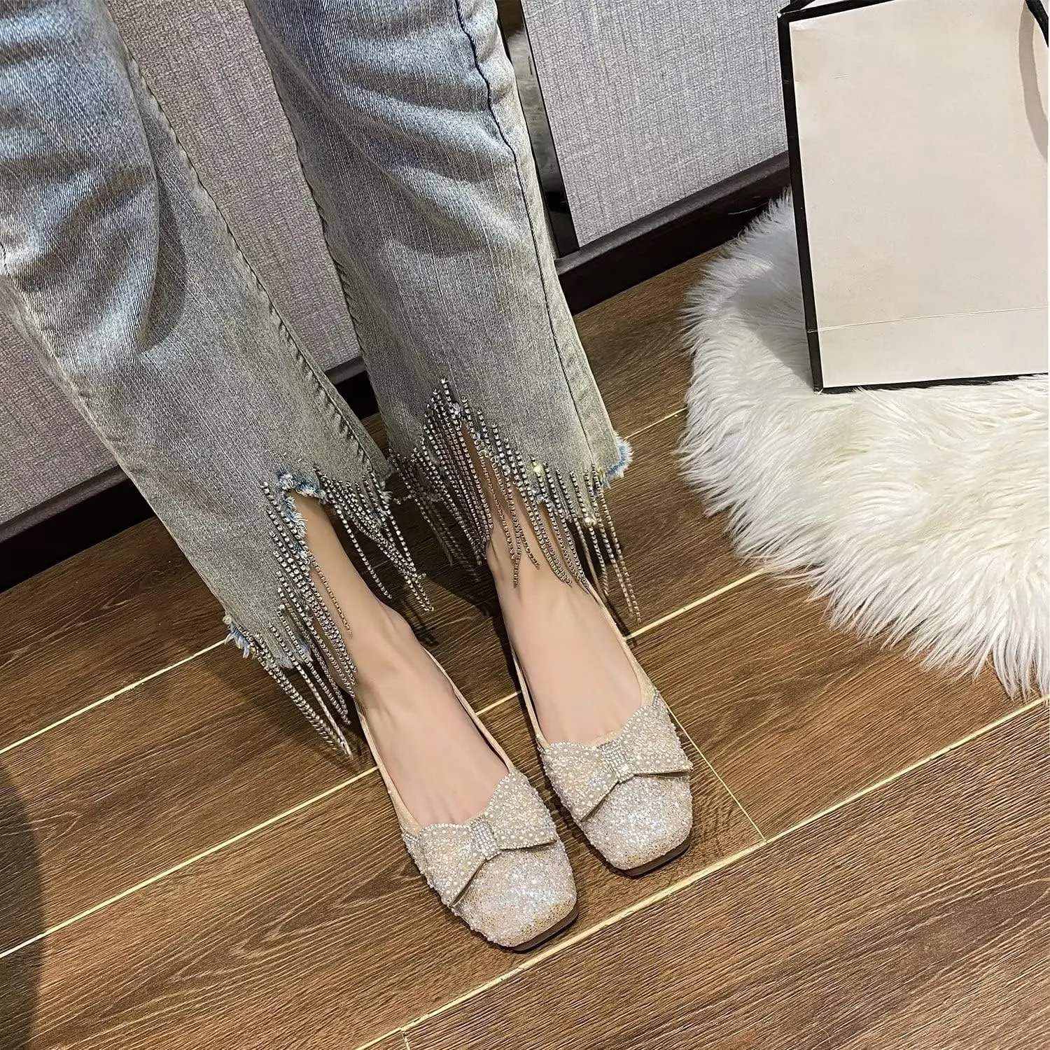 Hee grand Women Square Toe Crystals Shoes Glittering Rhinestone Wedding Dress Shoes Fashion Bridesmaid Shoes