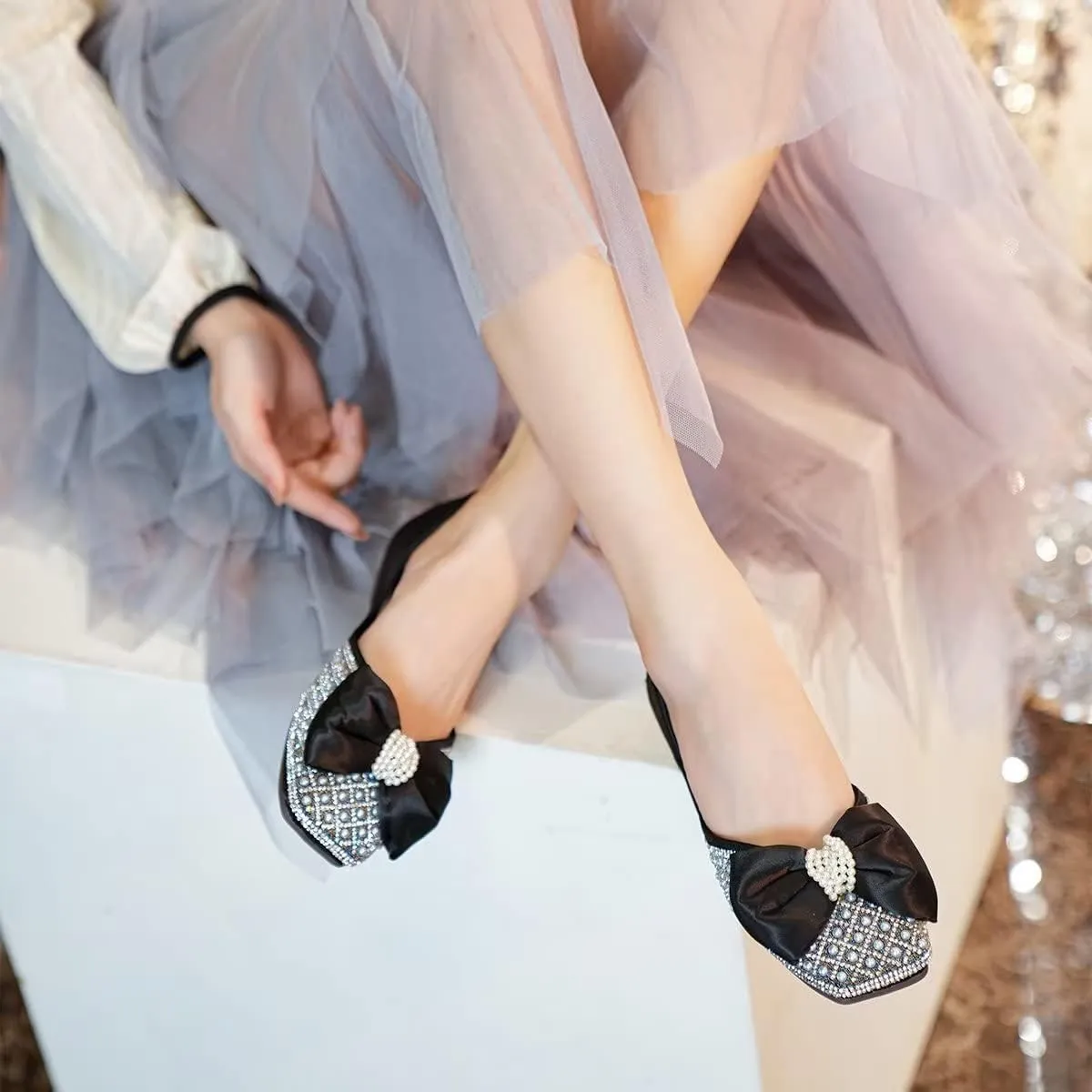 Hee grand Women Square Toe Crystals Shoes Glittering Rhinestone Wedding Dress Shoes Fashion Bridesmaid Shoes