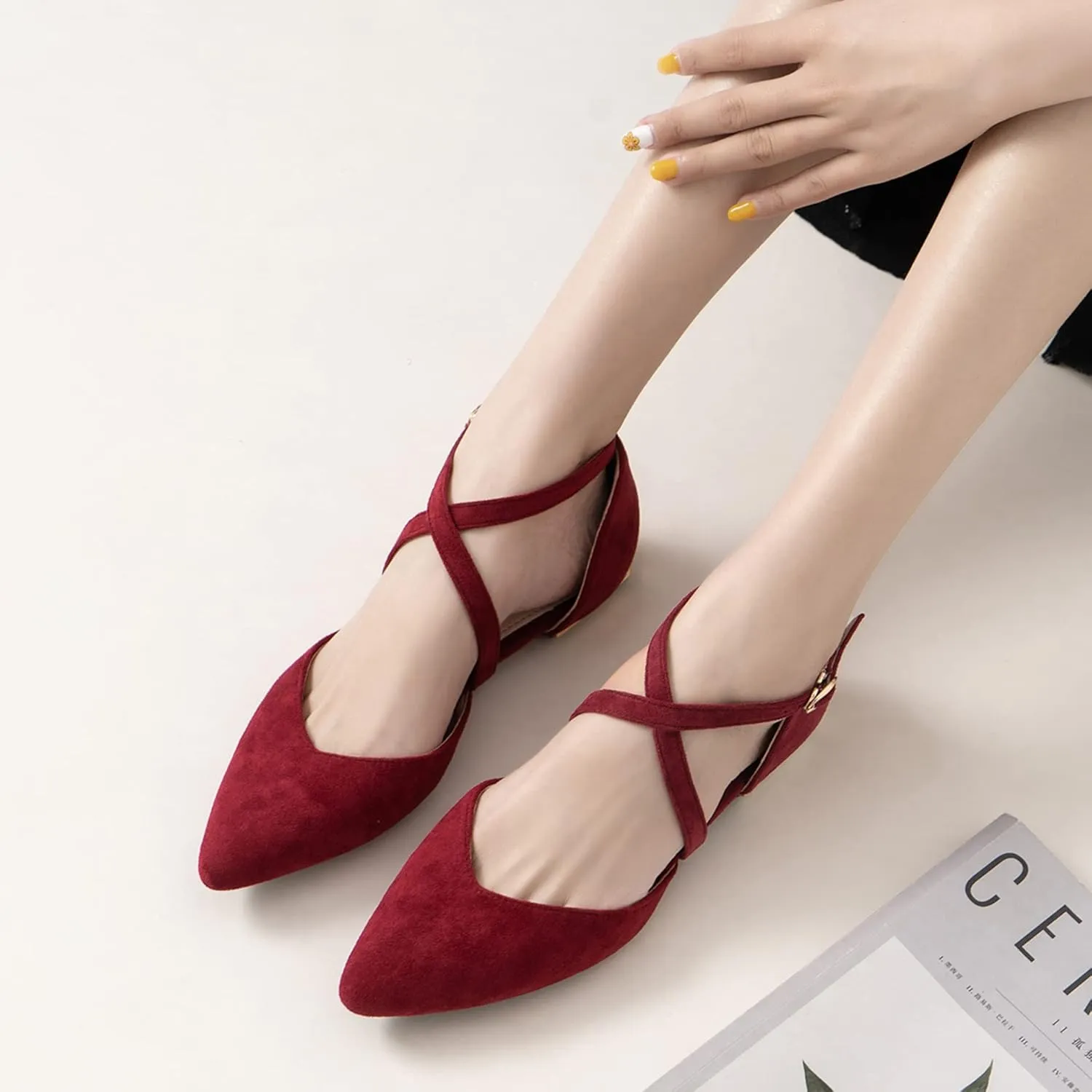 Hee grand Women's Closed Pointed Toe Flats Ankle Strap Comfortable Low Heel Suede Dress Shoes Office Work Shoes Pumps