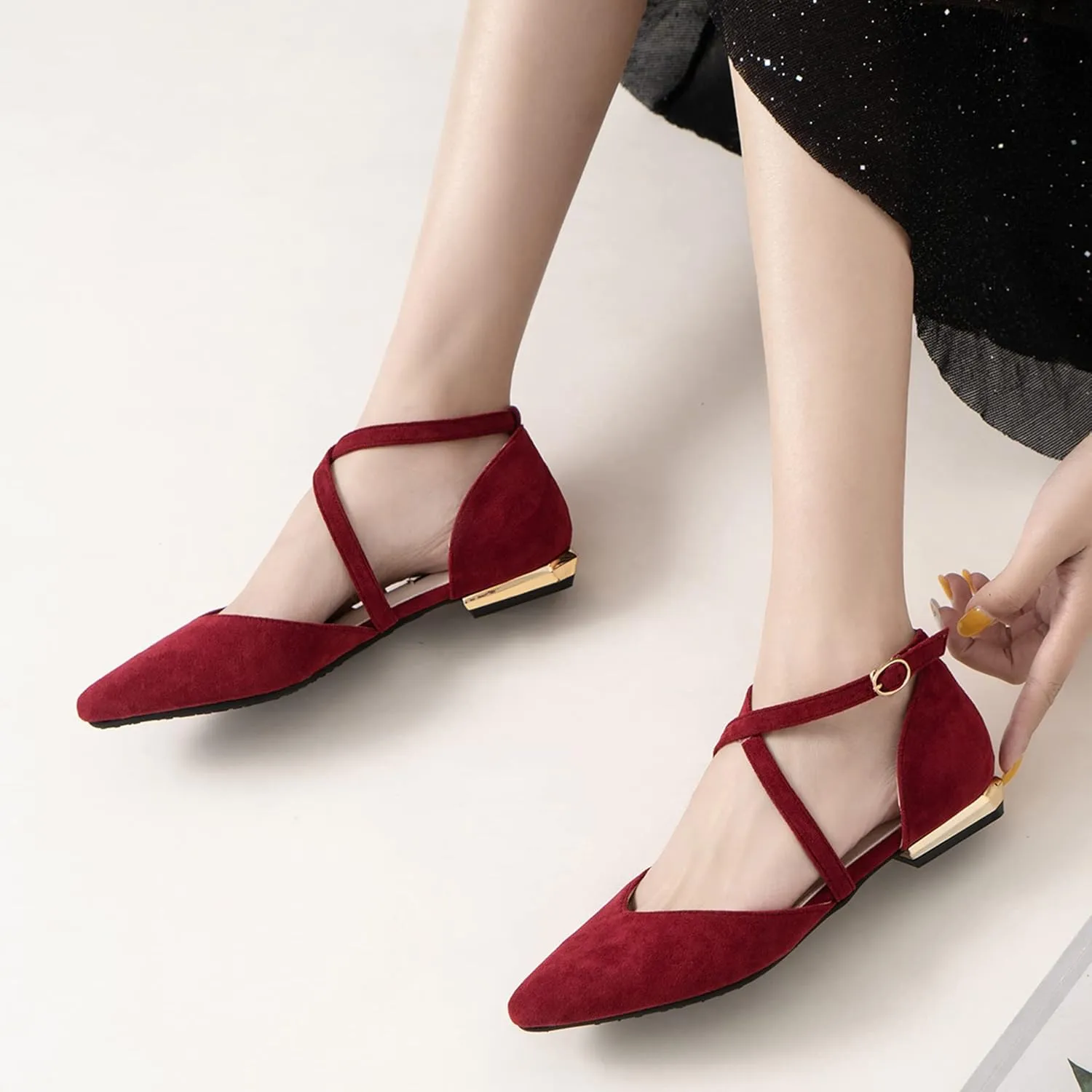 Hee grand Women's Closed Pointed Toe Flats Ankle Strap Comfortable Low Heel Suede Dress Shoes Office Work Shoes Pumps