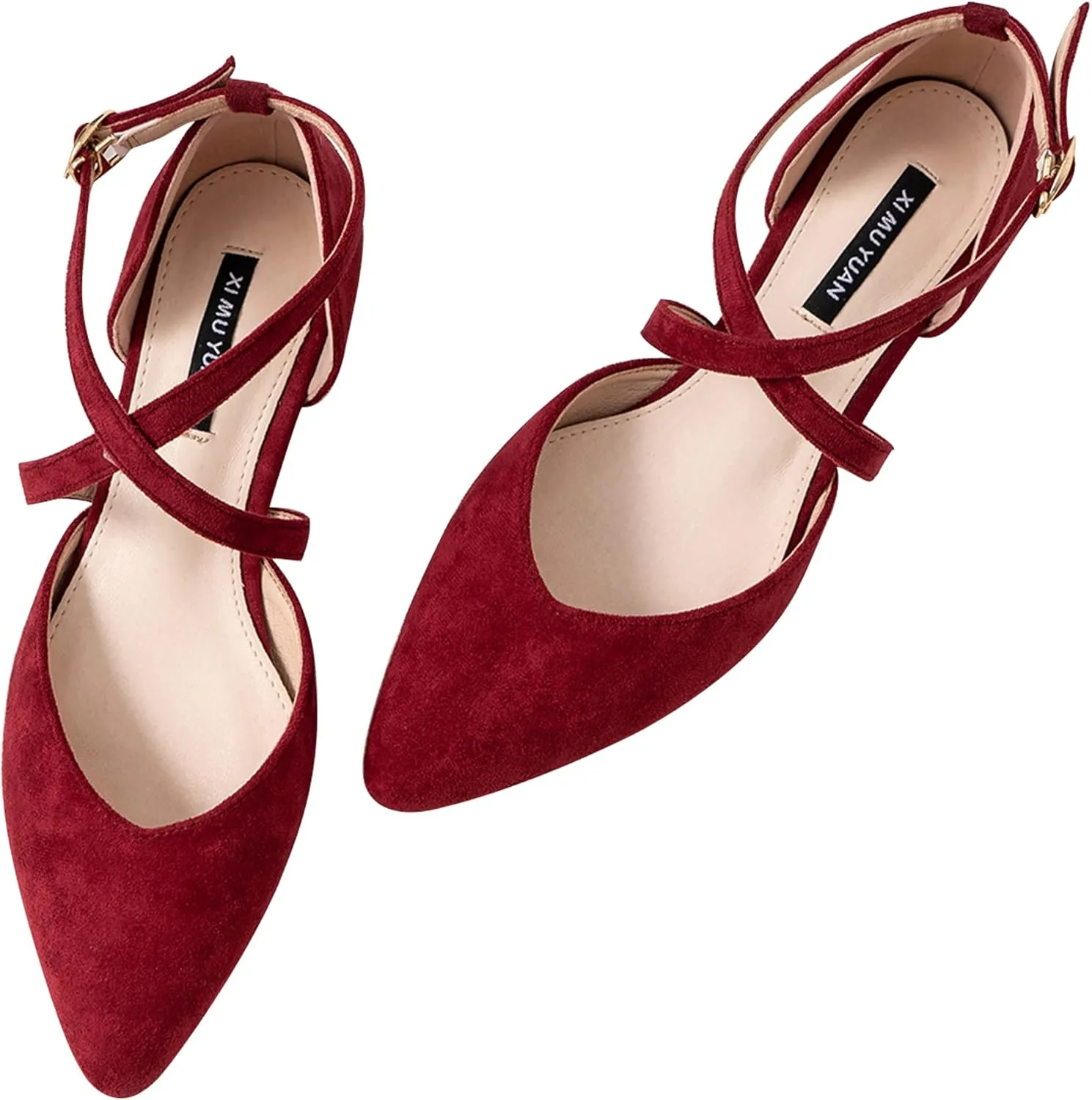 Hee grand Women's Closed Pointed Toe Flats Ankle Strap Comfortable Low Heel Suede Dress Shoes Office Work Shoes Pumps