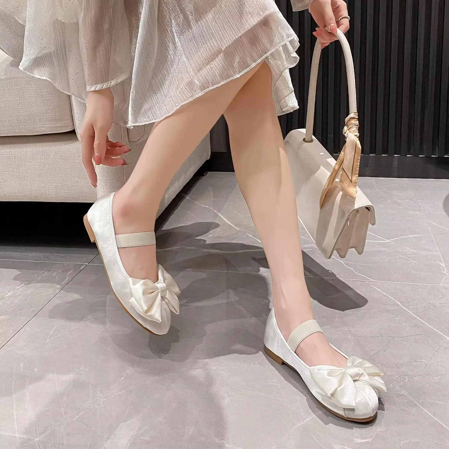 Hee grand Women's Mary Jane Shoes Satin Round Toe Ballerina Flats Fashion Sparkling Rhinestones Dress Shoes Comfort Dancing Shoes