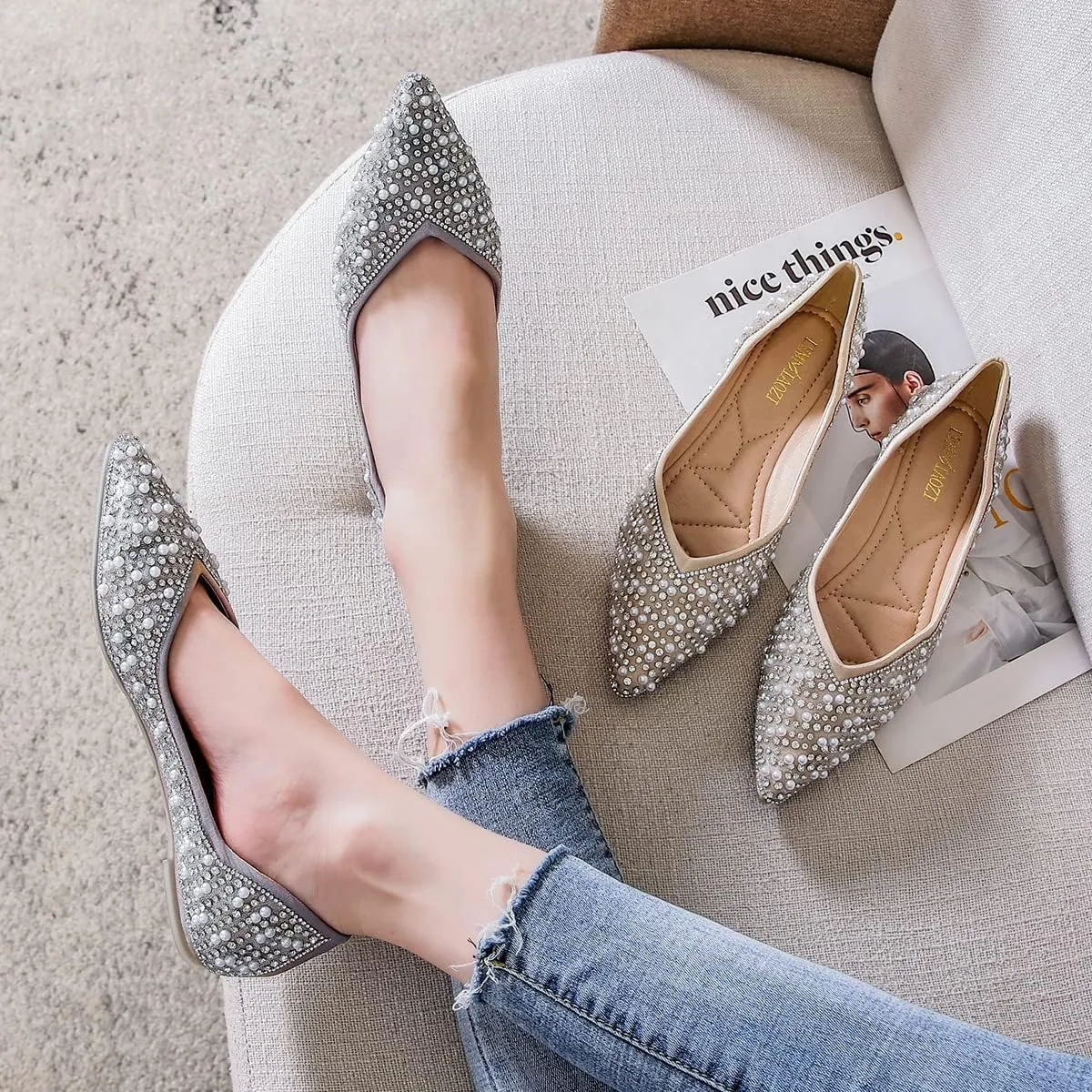 Hee grand Women's Slip On Pointed Toe Ballet Flats Rhinestone Sequins Fashion Flat Shoes for Work Wedding Dress Shoes