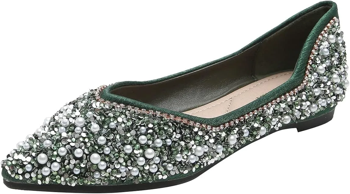 Hee grand Women's Slip On Pointed Toe Ballet Flats Rhinestone Sequins Fashion Flat Shoes for Work Wedding Dress Shoes