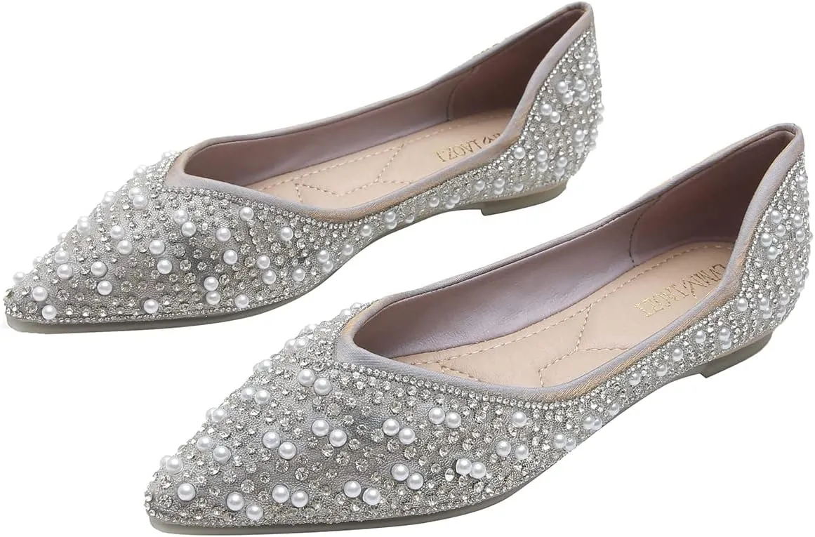 Hee grand Women's Slip On Pointed Toe Ballet Flats Rhinestone Sequins Fashion Flat Shoes for Work Wedding Dress Shoes