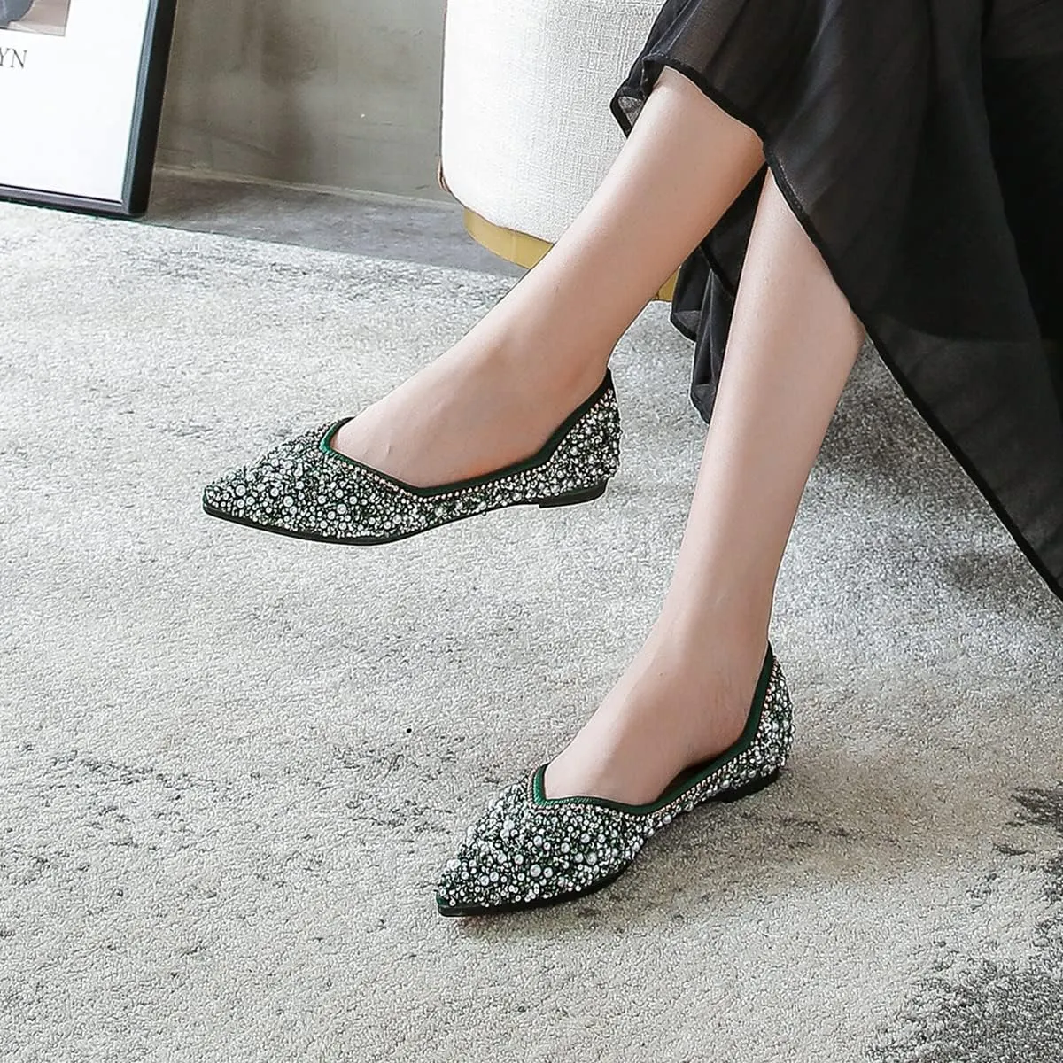 Hee grand Women's Slip On Pointed Toe Ballet Flats Rhinestone Sequins Fashion Flat Shoes for Work Wedding Dress Shoes
