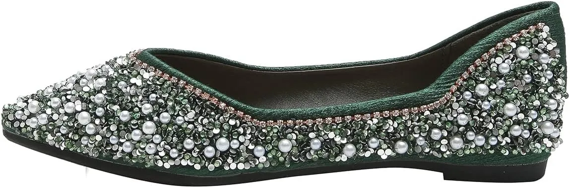 Hee grand Women's Slip On Pointed Toe Ballet Flats Rhinestone Sequins Fashion Flat Shoes for Work Wedding Dress Shoes