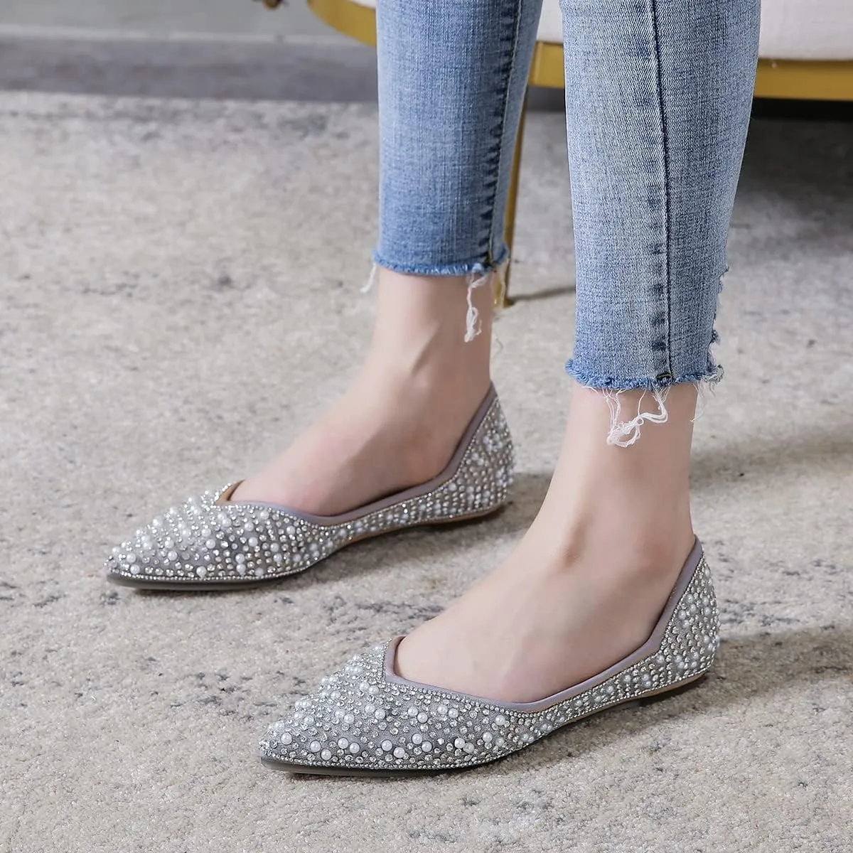 Hee grand Women's Slip On Pointed Toe Ballet Flats Rhinestone Sequins Fashion Flat Shoes for Work Wedding Dress Shoes