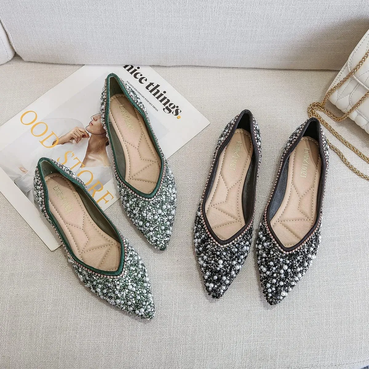 Hee grand Women's Slip On Pointed Toe Ballet Flats Rhinestone Sequins Fashion Flat Shoes for Work Wedding Dress Shoes