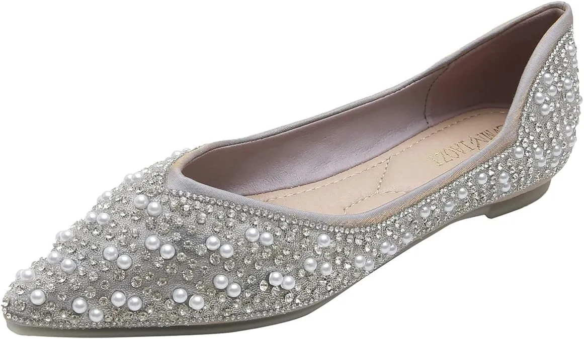 Hee grand Women's Slip On Pointed Toe Ballet Flats Rhinestone Sequins Fashion Flat Shoes for Work Wedding Dress Shoes