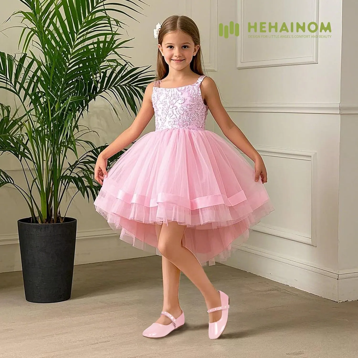 Hehainom Girls Dress Shoes Flower Girl Ballet Flats for Little Big Kids Todder Wedding Party Peals Shoes