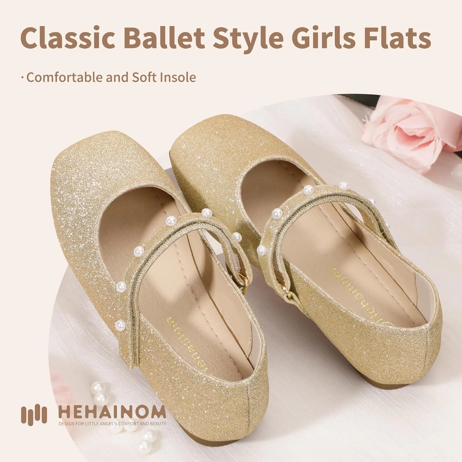Hehainom Girls Dress Shoes Flower Girl Ballet Flats for Little Big Kids Todder Wedding Party Peals Shoes