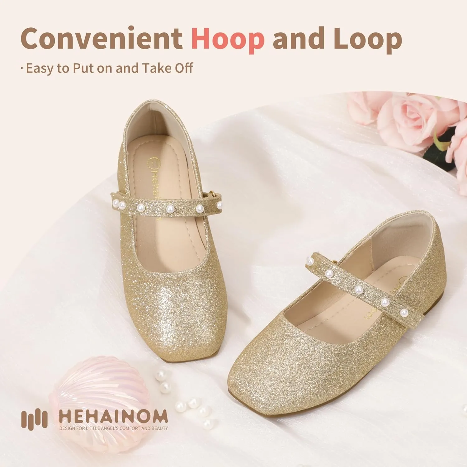 Hehainom Girls Dress Shoes Flower Girl Ballet Flats for Little Big Kids Todder Wedding Party Peals Shoes
