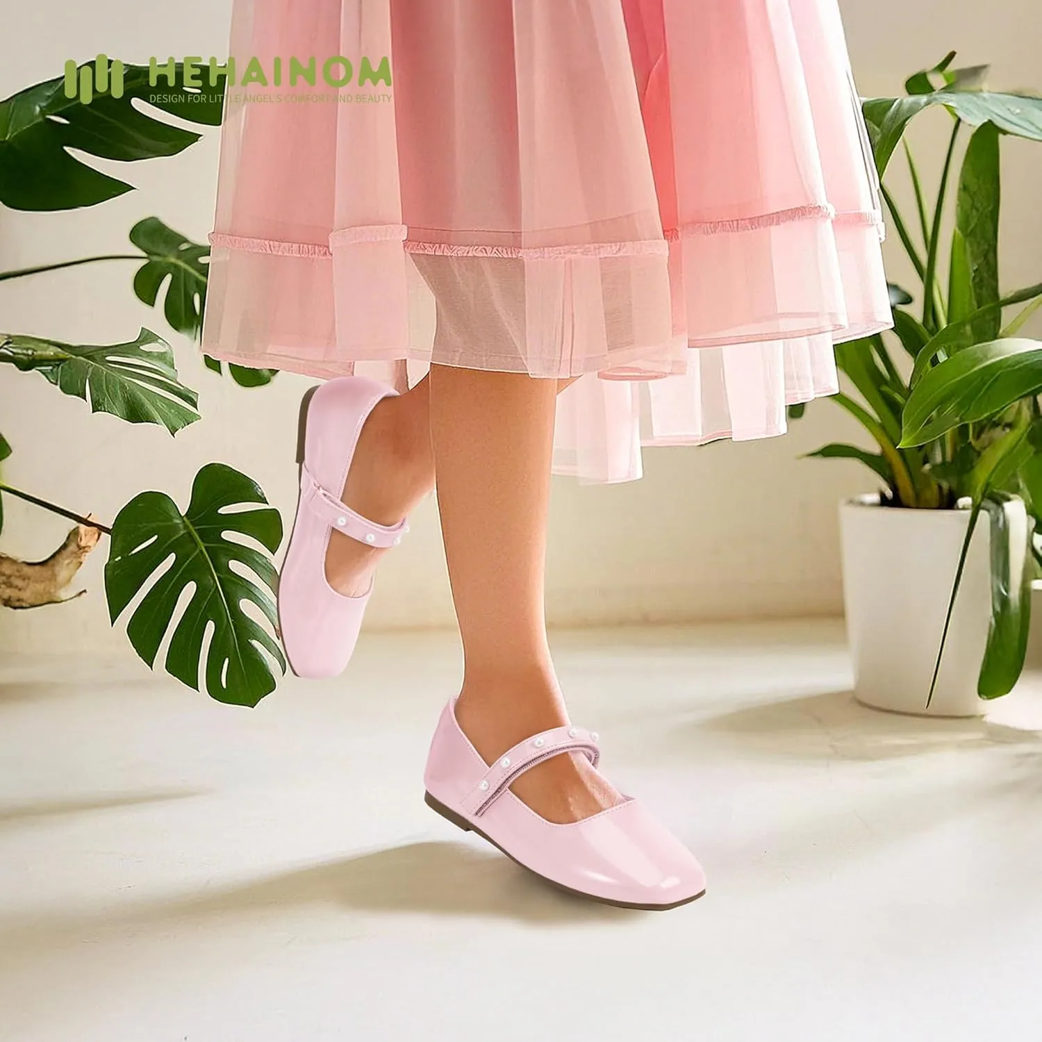 Hehainom Girls Dress Shoes Flower Girl Ballet Flats for Little Big Kids Todder Wedding Party Peals Shoes