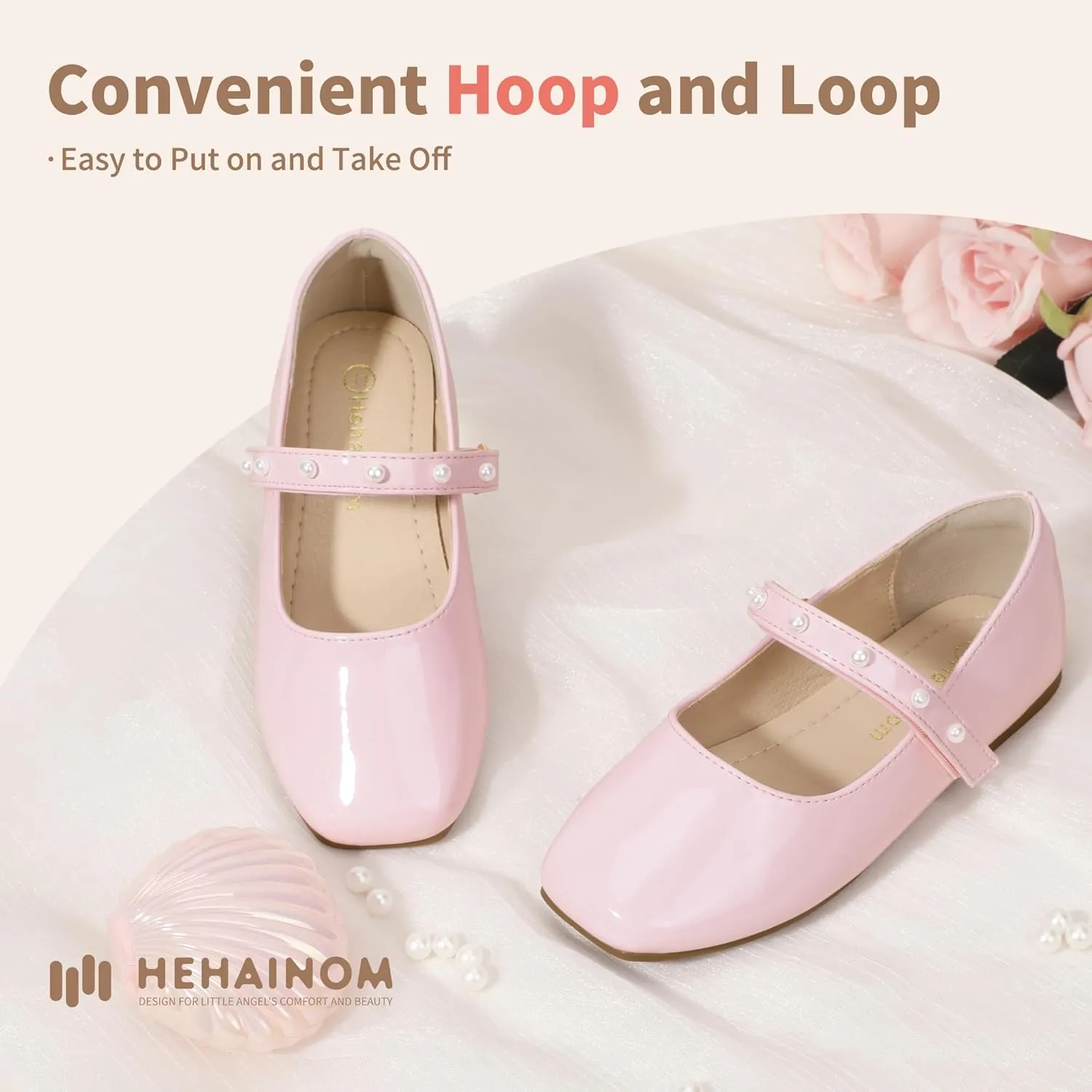 Hehainom Girls Dress Shoes Flower Girl Ballet Flats for Little Big Kids Todder Wedding Party Peals Shoes