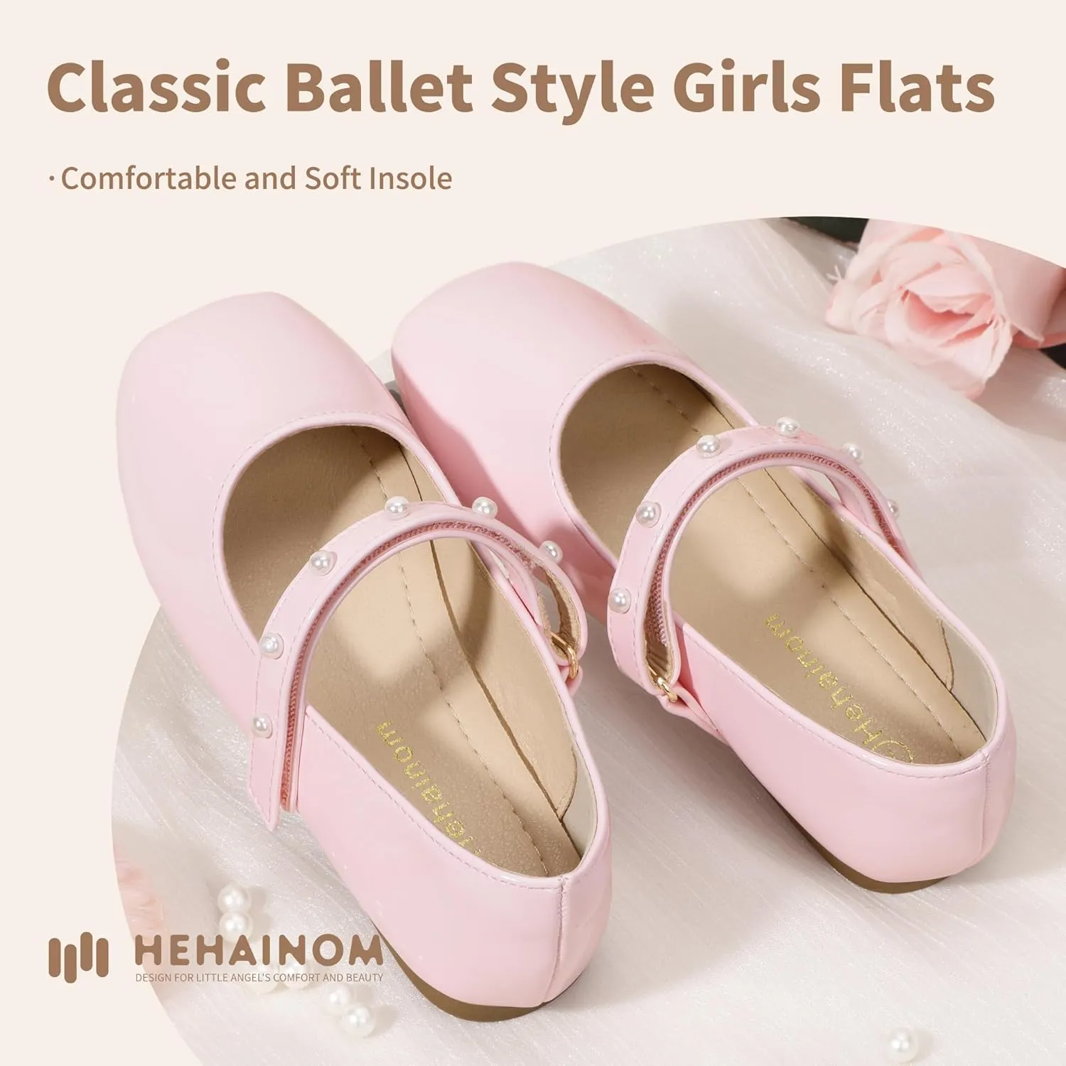 Hehainom Girls Dress Shoes Flower Girl Ballet Flats for Little Big Kids Todder Wedding Party Peals Shoes