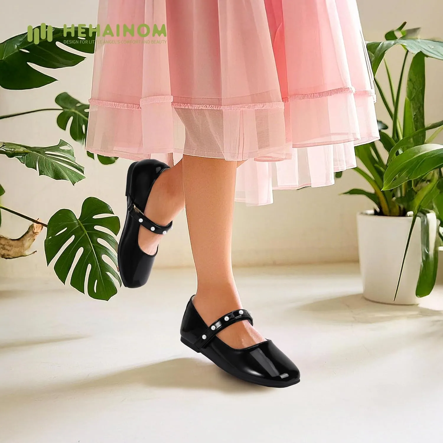 Hehainom Girls Dress Shoes Flower Girl Ballet Flats for Little Big Kids Todder Wedding Party Peals Shoes