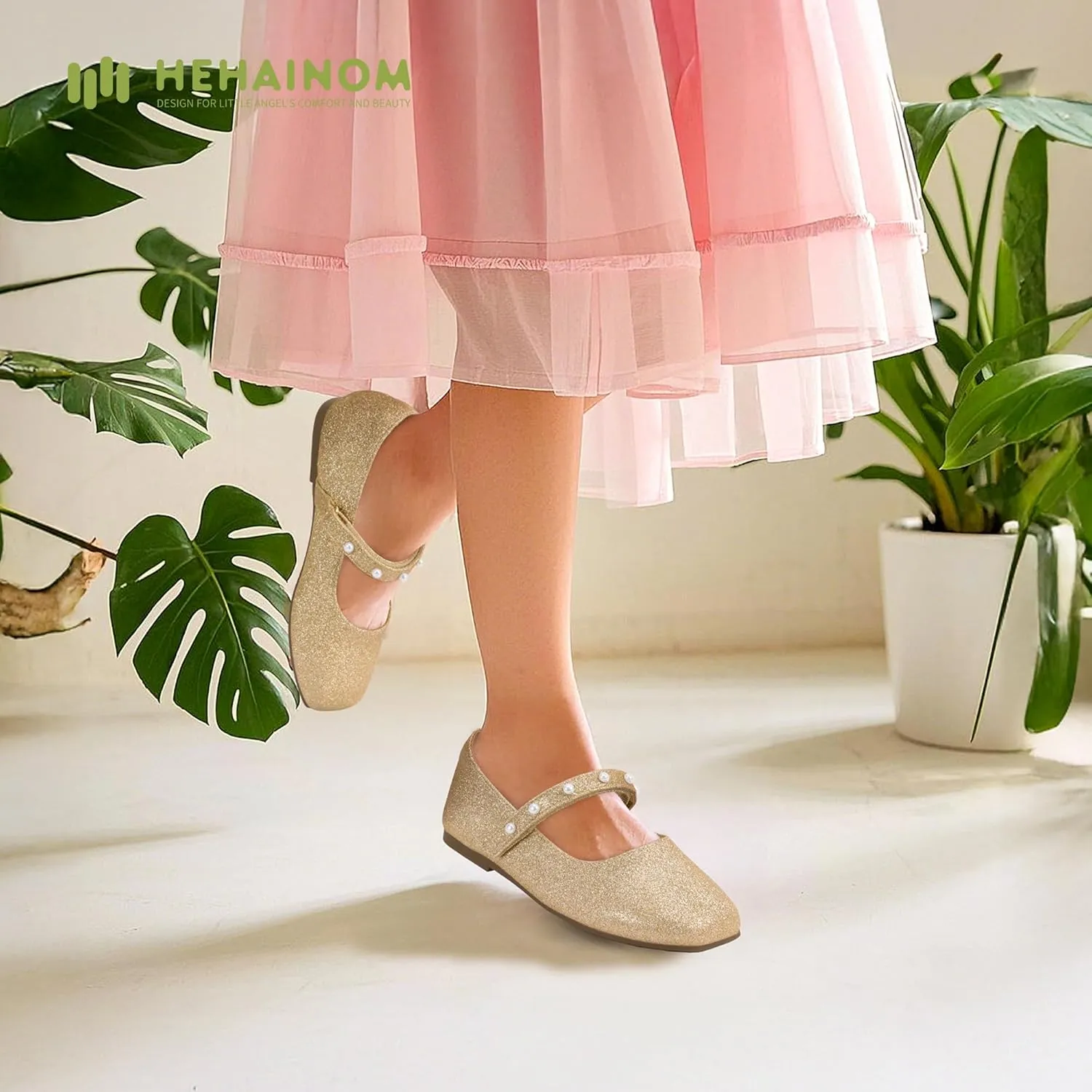 Hehainom Girls Dress Shoes Flower Girl Ballet Flats for Little Big Kids Todder Wedding Party Peals Shoes