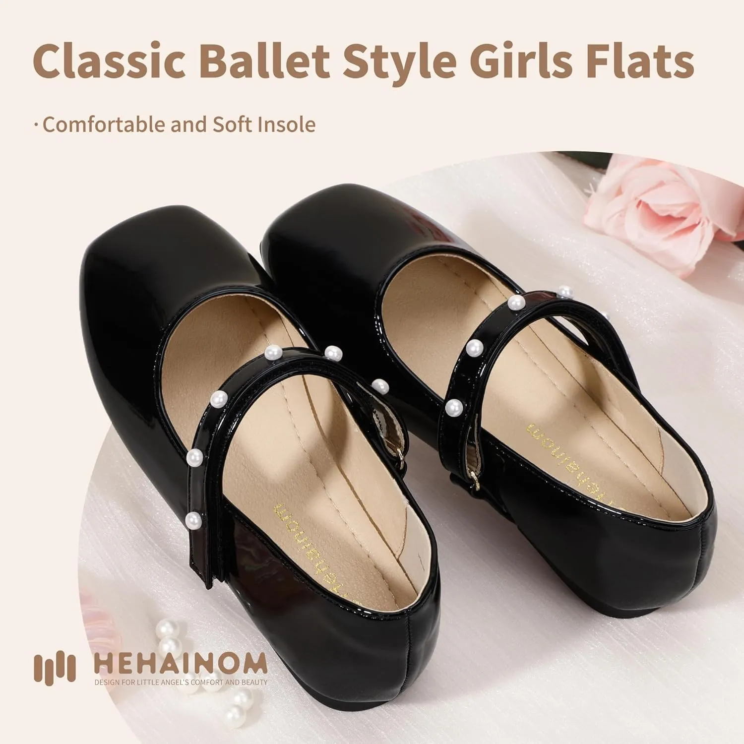 Hehainom Girls Dress Shoes Flower Girl Ballet Flats for Little Big Kids Todder Wedding Party Peals Shoes