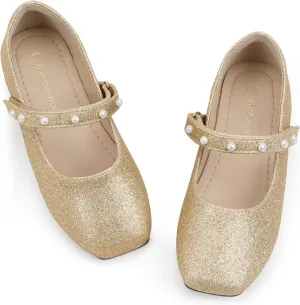 Hehainom Girls Dress Shoes Flower Girl Ballet Flats for Little Big Kids Todder Wedding Party Peals Shoes