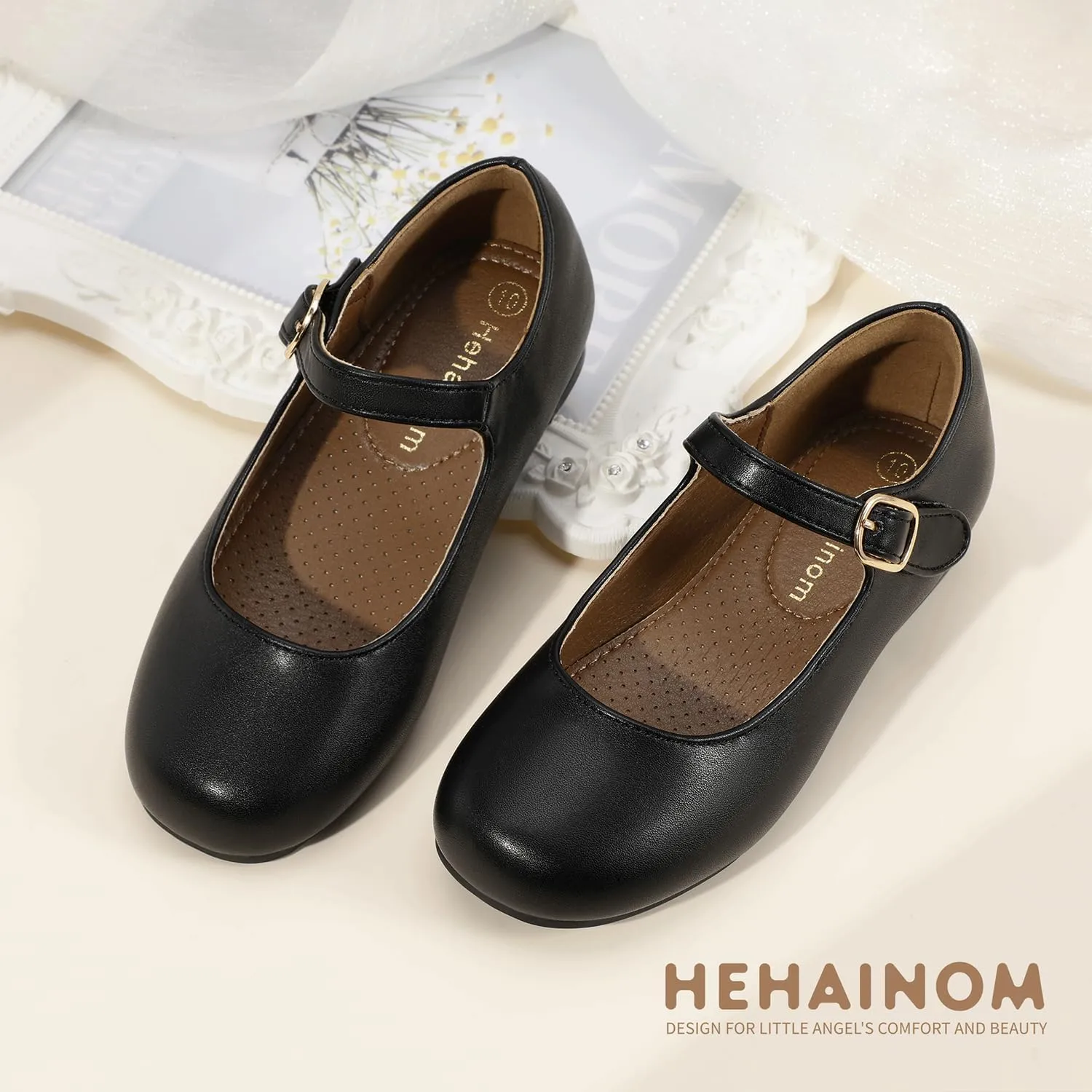 Hehainom Girls Dress Shoes Mary Jane Ballet Flats Little Big Kids Flower Girl Low Heels School Wedding Party Shoes