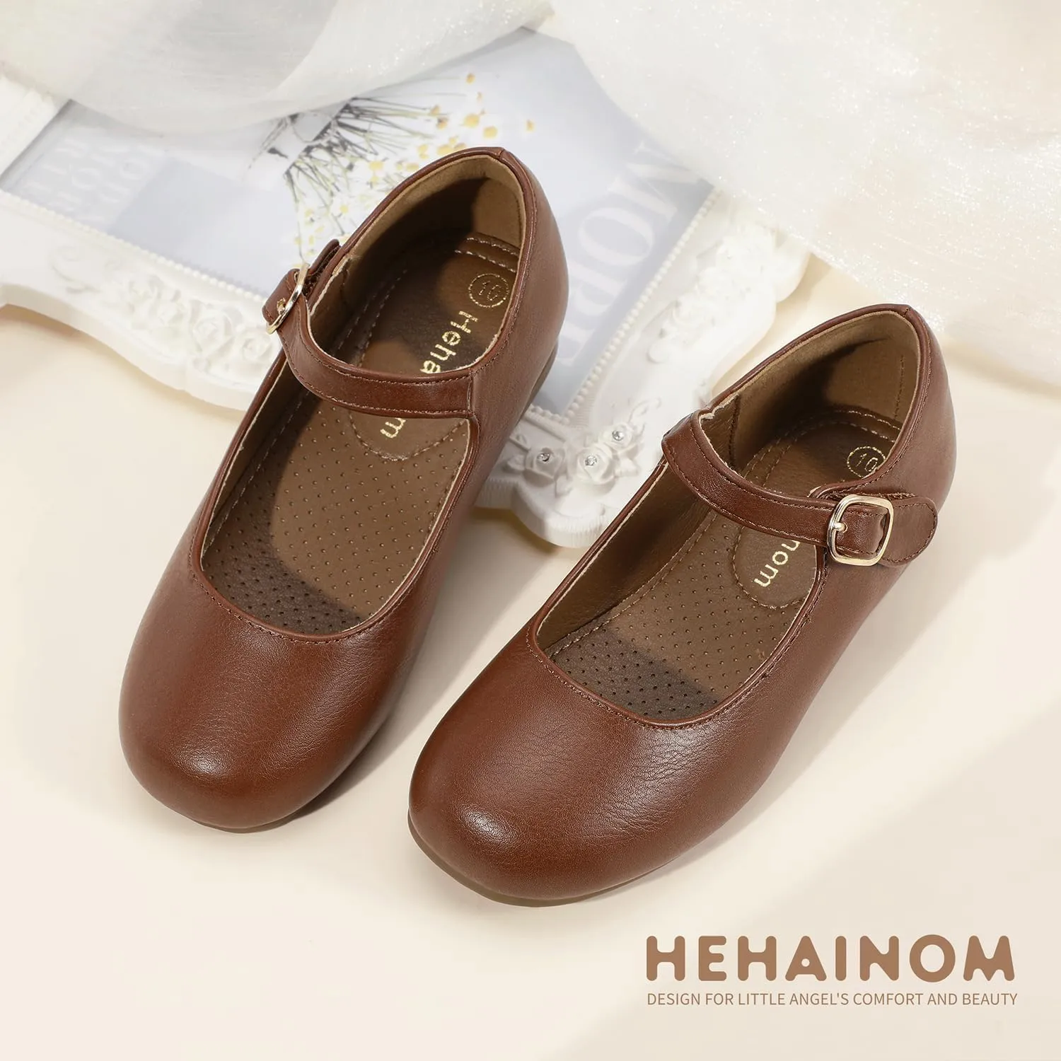 Hehainom Girls Dress Shoes Mary Jane Ballet Flats Little Big Kids Flower Girl Low Heels School Wedding Party Shoes