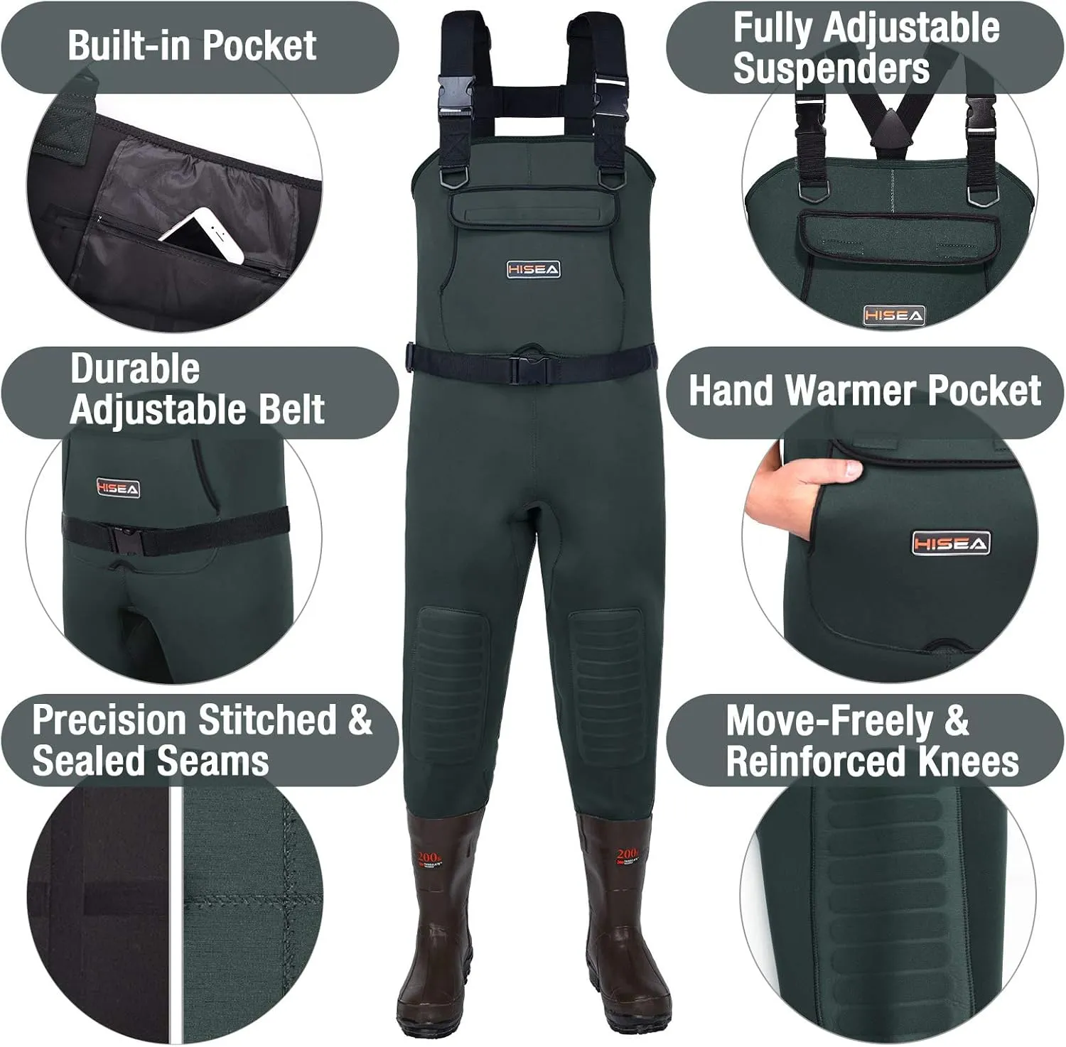 HISEA Neoprene Fishing Chest Waders for Men with Boots Cleated Bootfoot Waterproof Mens Womens Wader Fishing & Hunting Wader