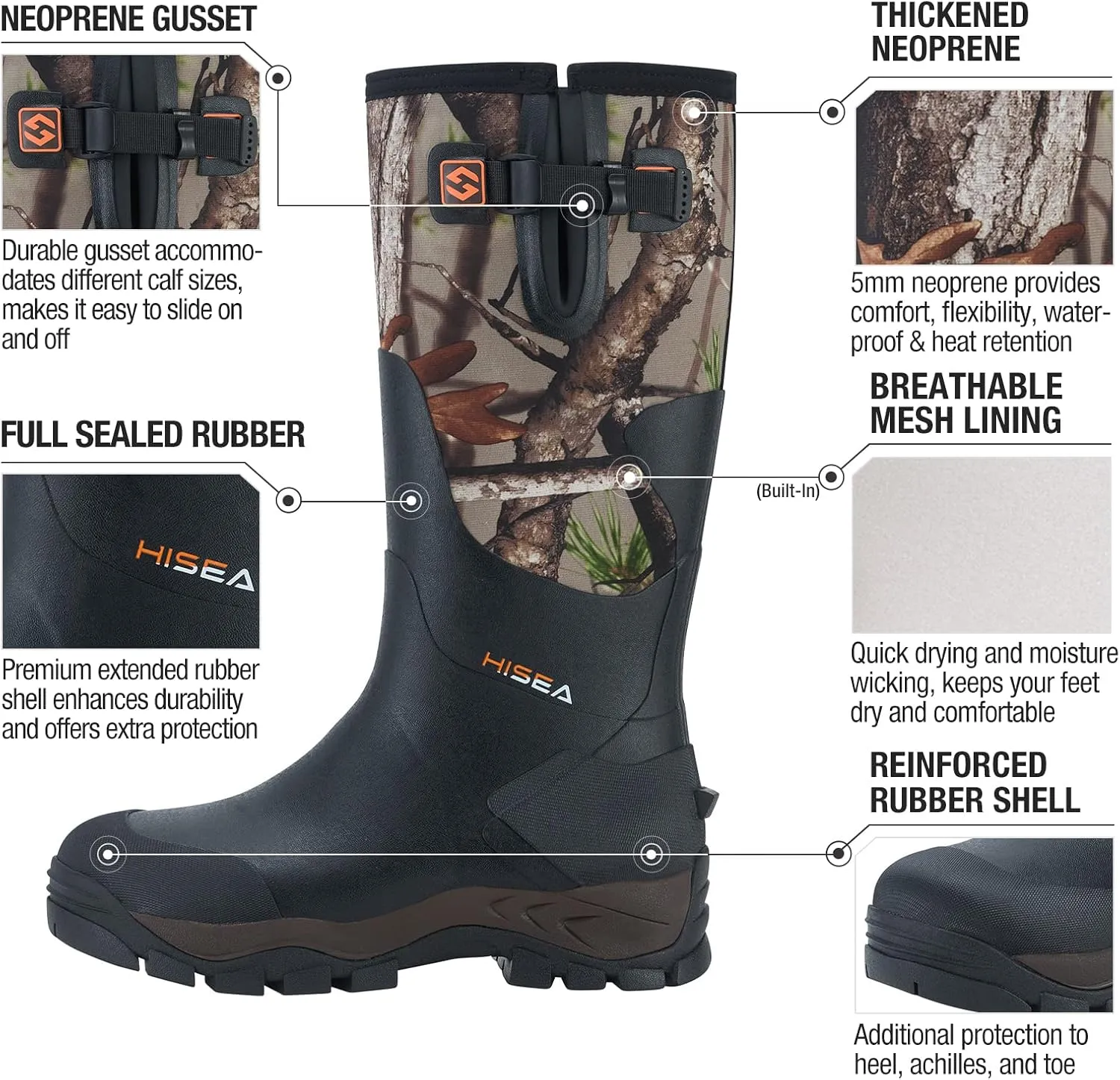 HISEA Rubber Hunting Boots for Men Waterproof Rain Boots for Mud Working Farming Fishing, Adjustable Calf