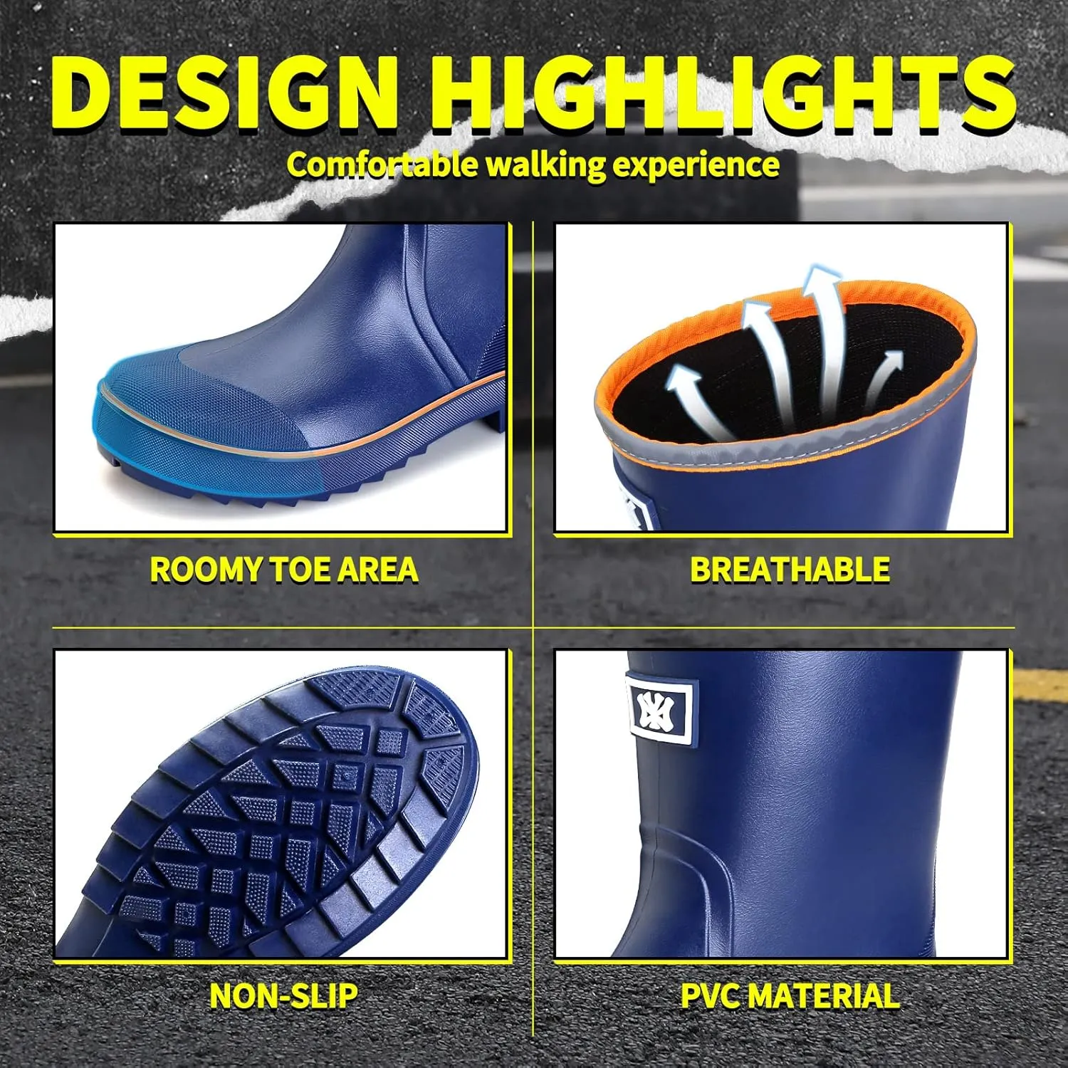 HSBDNZQ Rain Boots for Men, Waterproof Mens Rubber Boots with PVC Unique Design, Comfort Lightweight Work Mud Boots, Resistant Durable Slip Garden Boots for Farming Gardening Fishing