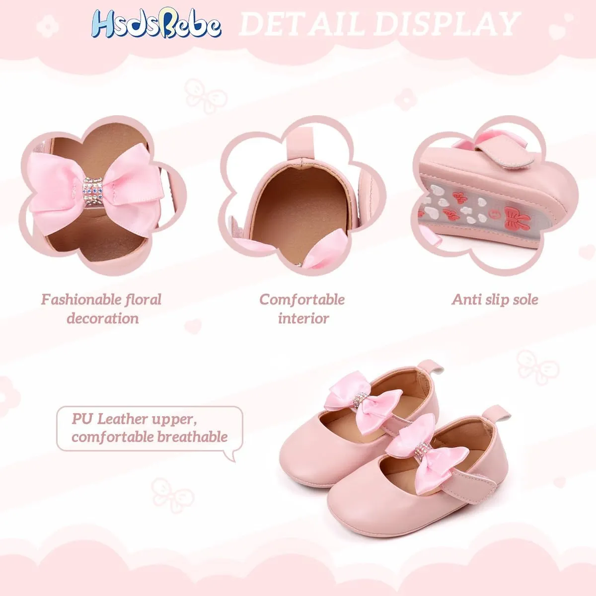 HsdsBebe Infant Baby Girls Mary Jane Flats Bow Non-Slip Soft Sole Princess Toddler First Walkers Sneaker Wedding Dress Shoes