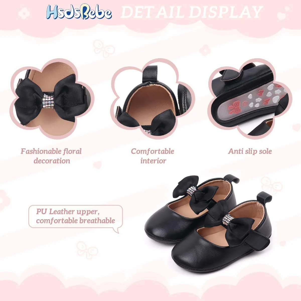 HsdsBebe Infant Baby Girls Mary Jane Flats Bow Non-Slip Soft Sole Princess Toddler First Walkers Sneaker Wedding Dress Shoes