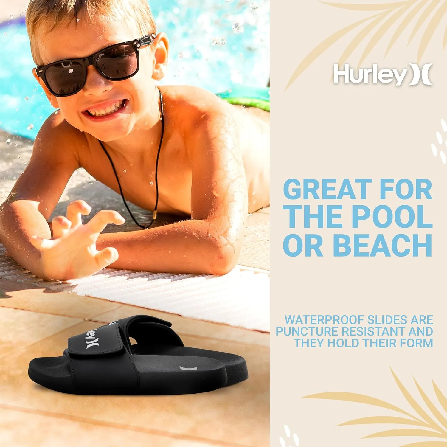 Hurley Naia Slides for Girls and Boys - Comfortable Slip-On Kids Sandals with Adjustable Strap, Unisex Slides for Indoor and Outdoor, Adjustable Sporty Slides for The Beach and Pool