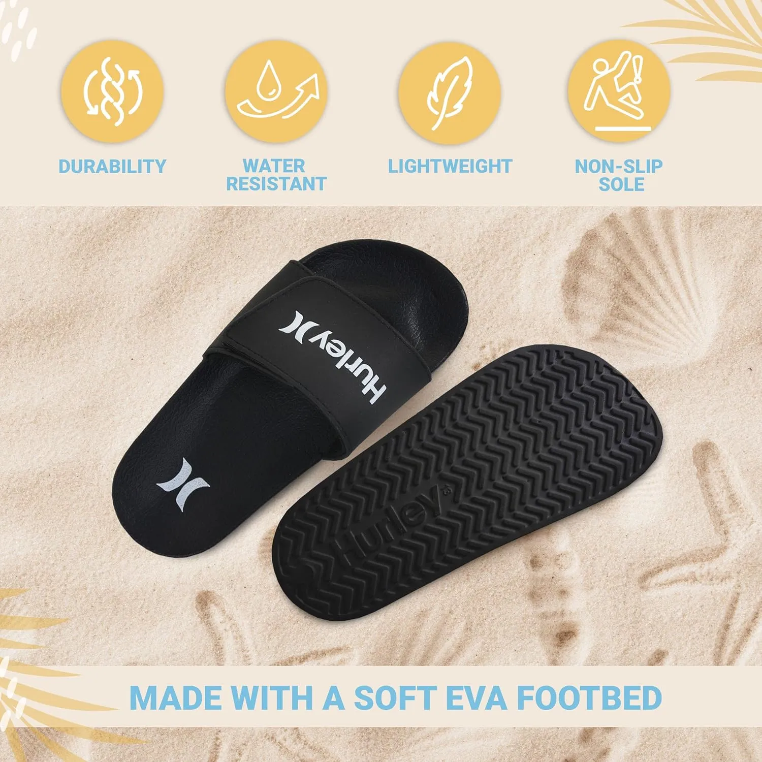 Hurley Naia Slides for Girls and Boys - Comfortable Slip-On Kids Sandals with Adjustable Strap, Unisex Slides for Indoor and Outdoor, Adjustable Sporty Slides for The Beach and Pool